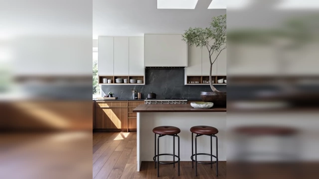 A modern kitchen with a large wooden butcher block island and minimalist design.