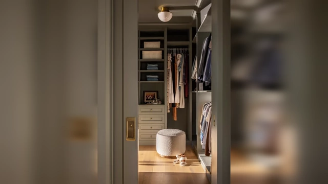 A walk-in closet with built-in shelving extending all the way to the ceiling, maximizing storage and creating a custom look.