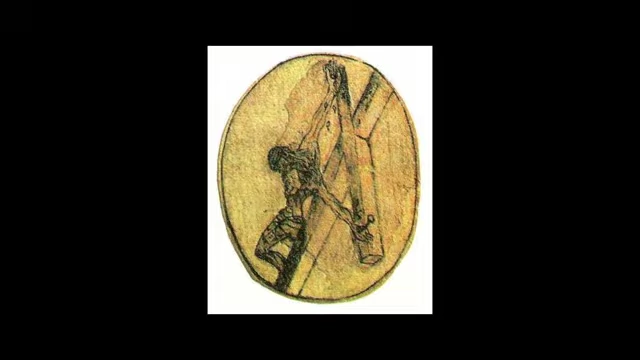 A 16th-century sketch by St. John of the Cross, depicting Christ on the cross from an overhead perspective, serving as inspiration for Dalí's painting