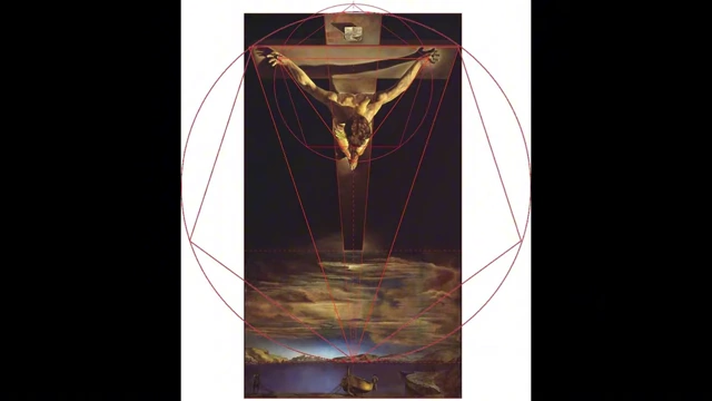 Dalí's painting overlaid with geometric lines, illustrating the precise mathematical rules and divine proportion used in its composition, including triangles for the Trinity and circles for Platonic perfection