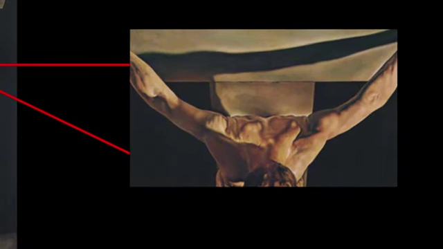 Close-up of Christ's strong, athletic musculature, a departure from traditional emaciated depictions, highlighted by red lines