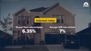 Two images showing national average savings account rates for traditional, high-yield, and 12-month CD (top), and typical interest rates for 30-year fixed-rate mortgages and average APR for new vehicles (bottom).