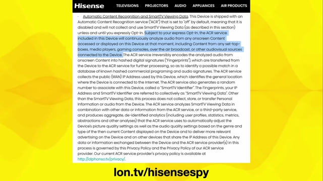 海信谷歌电视（Hisense Google TV）的隐私通知，说明其在用户选择“加入”后会收集来自HDMI输入的音频和视频数据。