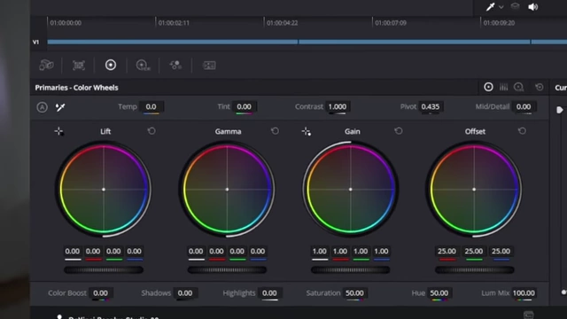 DaVinci Resolve color wheels for Lift, Gamma, Gain, and Offset controls