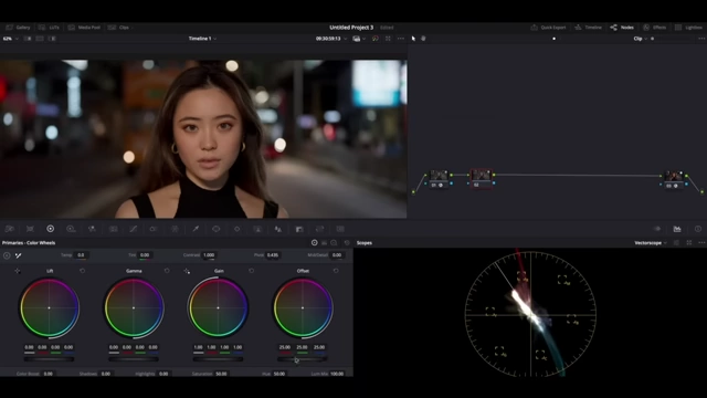 Demonstration of color wheel adjustments impacting a subject's skin tones and overall image