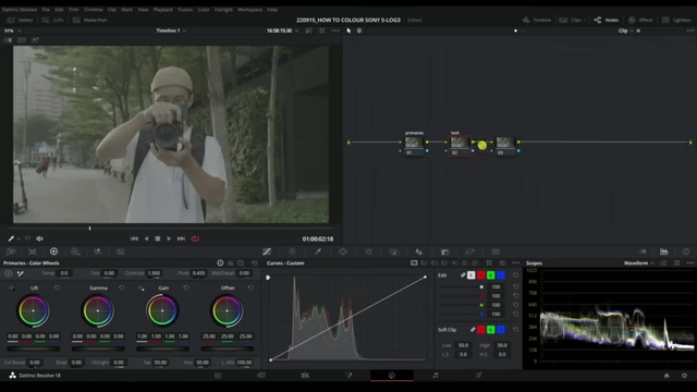 Three-node workflow in DaVinci Resolve, highlighting Primaries, Look, and Color Space Transform nodes