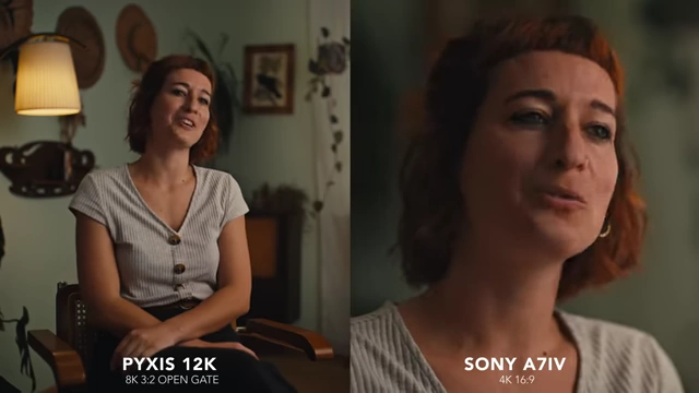 Side-by-side comparison of PYXIS 12K 8K footage (left) and Sony A7IV 4K footage (right) highlighting color depth