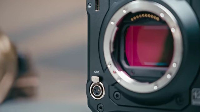 Close-up of the PYXIS 12K's front USB-C and mini XLR ports