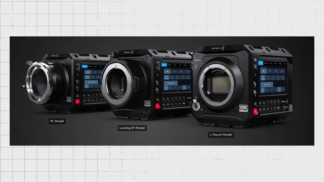 Three Blackmagic PYXIS 12K models displaying PL, Locking EF, and L-Mount options