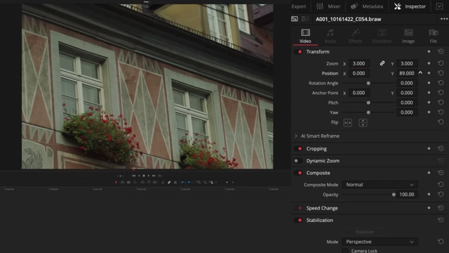DaVinci Resolve interface demonstrating 300% digital zoom for reframing 12K footage