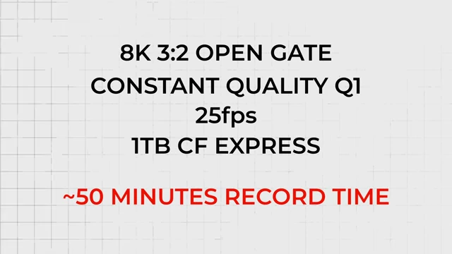 Screen graphic displaying record time estimates for 8K 3:2 Open Gate (50 minutes) on a 1TB CFexpress card