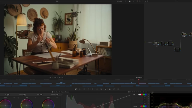 DaVinci Resolve interface showing color grading nodes applied to footage