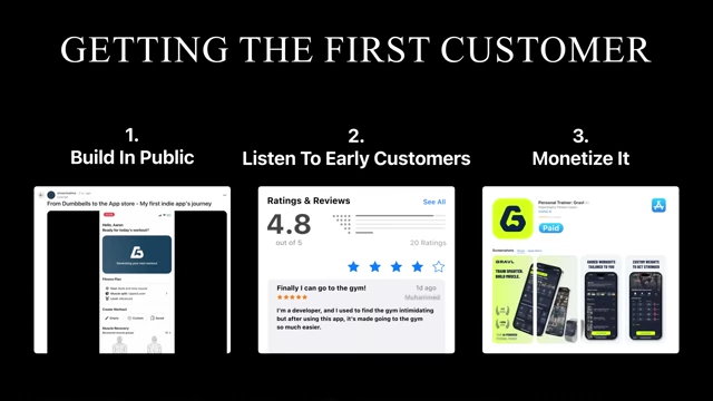 "GETTING THE FIRST CUSTOMER" slide with all 3 points, including Grawl paid