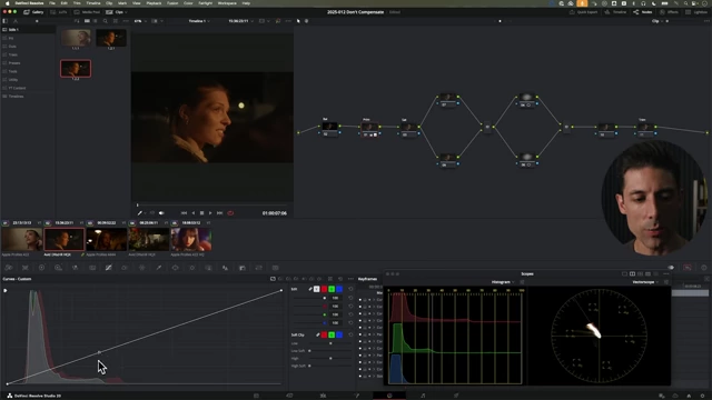 The custom curves panel in DaVinci Resolve, showing a fixed anchor point near the midpoint of the curve, allowing for targeted adjustments to shadows.