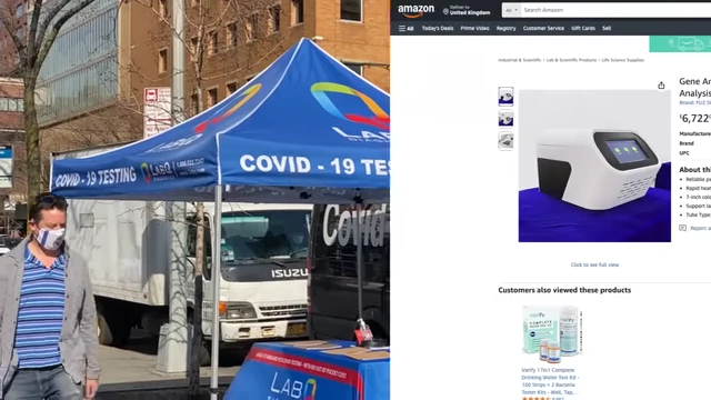 A COVID-19 testing tent and an Amazon listing for a qPCR machine, illustrating its widespread availability.
