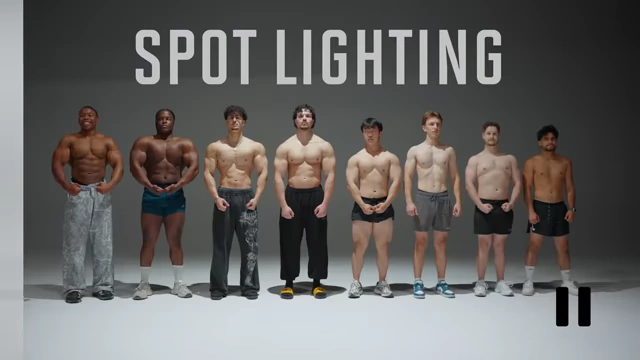 The eight subjects under standard diffuse lighting versus dramatic spotlighting, showing how lighting influences perceived muscularity.