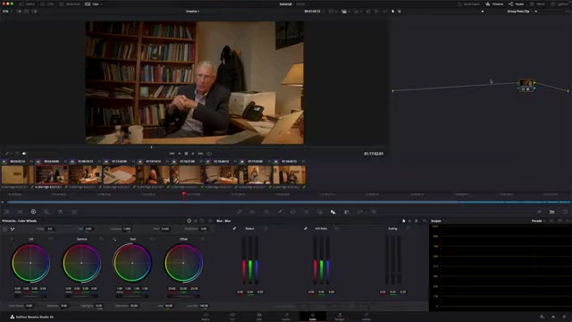 DaVinci Resolve color page with node graph showing pre-clip and post-clip color space transforms