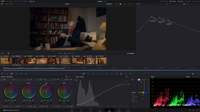 DaVinci Resolve interface showing node graph with Exposure, White Balance, and Contrast nodes, along with the parade scope