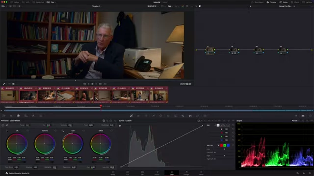 DaVinci Resolve pre-clip node graph for global enhancements like noise reduction and saturation