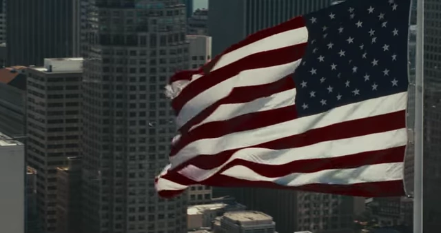An American flag waving with a city skyline in the background, symbolizing entry into the US market.).