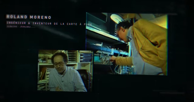 A split screen showing Roland Moreno, the inventor of