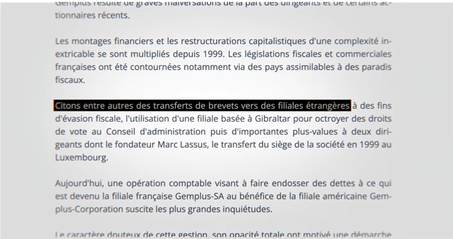 A French news article mentioning "transfert de brevets vers des filiales étrangères" (transfer of patents to foreign subsidiaries), indicating asset stripping.).