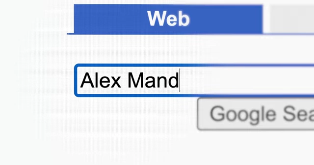 A screen capture of a Google search bar with "Alex Mandl" typed in, representing the journalist's investigation.).