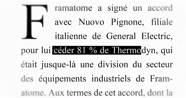 A French news article highlighting "Framatome sells 81% of Thermodyn," an example of a French industrial