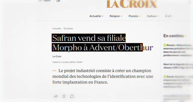 A French news article announcing "Safran sells its Morpho subsidiary to Advent/Oberthur," another example of a French company's tech assets being acquired by foreign entities.).