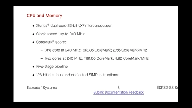 Technical specifications for the ESP32 S3 microcontroller