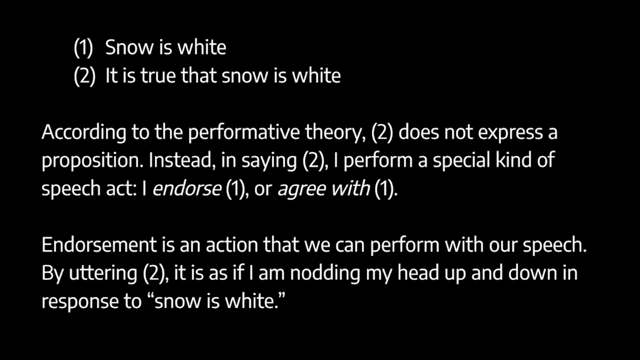 The performative theory posits that saying 'It is true that P' performs an act of endorsement