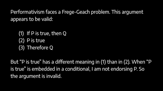 The Frege-Geach problem arises as 'P is true' would have different meanings in conditional vs. assertive contexts