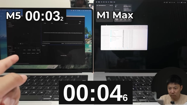 Premiere Pro launch speeds: M5 (left) at 3.2 seconds vs. M1 Max (right) at 8.3 seconds