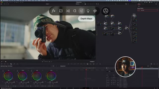 Depth Map effect in DaVinci Resolve, showing the depth mask preview.