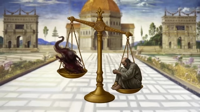 A scale balancing a beast-like figure (evil) and a sorrowful man (suffering), symbolizing the question of good and evil.
