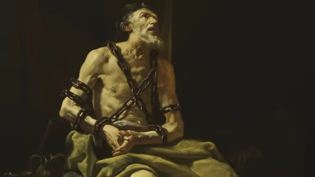 A painting depicting a man in chains, symbolizing Elihu's teaching that suffering can be a tool for preparation and purification.