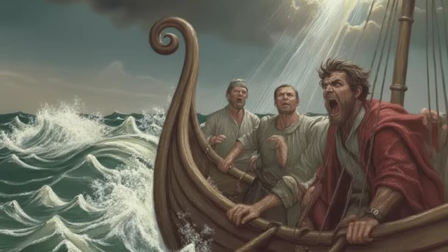 A painting depicting sailors in a stormy sea, with a glimpse of Leviathan in the distance, representing Job's wish for destruction.
