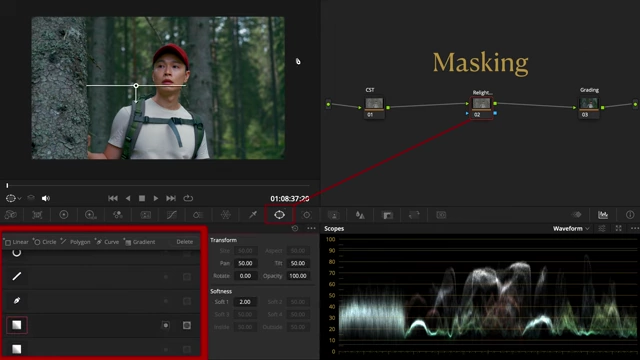 Selecting a gradient mask in DaVinci Resolve's Windows panel to reshape light.