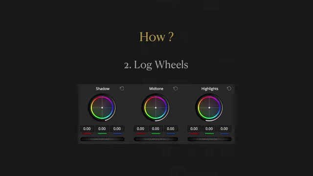 The Log Wheels interface in DaVinci Resolve, showing controls for Shadows, Midtones, and Highlights.