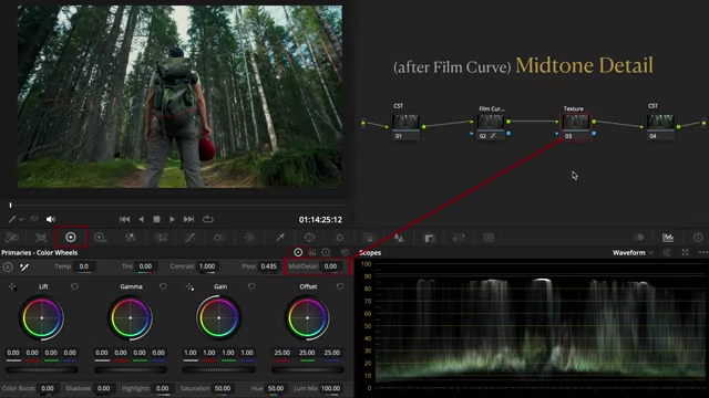 DaVinci Resolve interface showing the Mid-tone Detail control in the Primary Color Wheels.