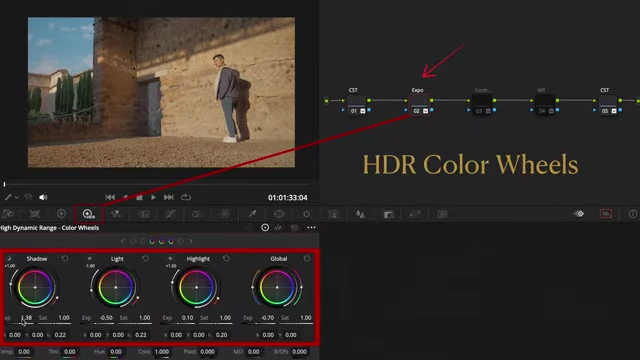 DaVinci Resolve interface highlighting HDR Color Wheels for precise tonal control in exposure adjustments.
