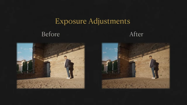 Before and after comparison of exposure adjustments improving the image's tonal balance.