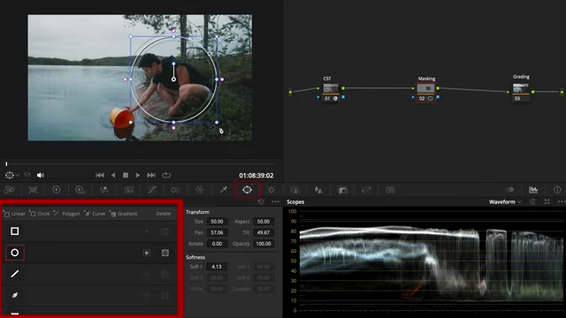 Applying a circular mask in DaVinci Resolve to guide viewer attention to the subject.