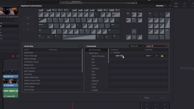Keyboard Customization settings for "Split Clips," "Ripple Delete Start to Playhead," and "Ripple Delete End to Playhead."