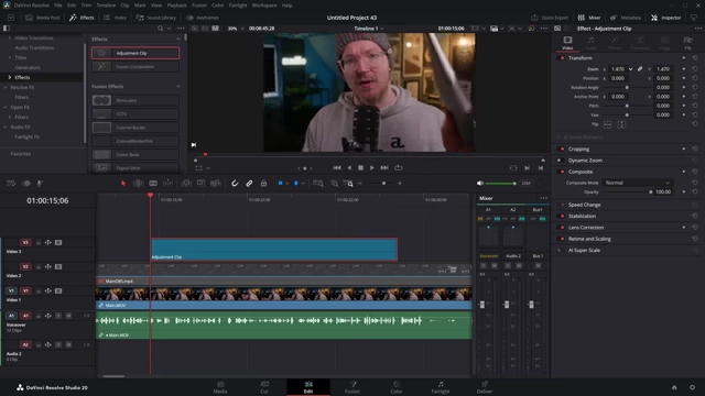 An adjustment clip applied above footage, demonstrating a zoom effect on the underlying clips