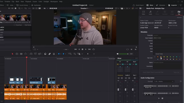 Timeline with A-roll footage color-coded orange for visual organization and filtering