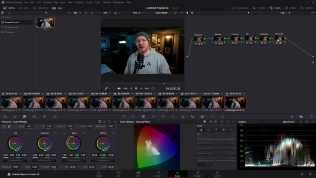 Custom Power Grade node tree including adjustments for exposure, balance, contrast, saturation, and a film look