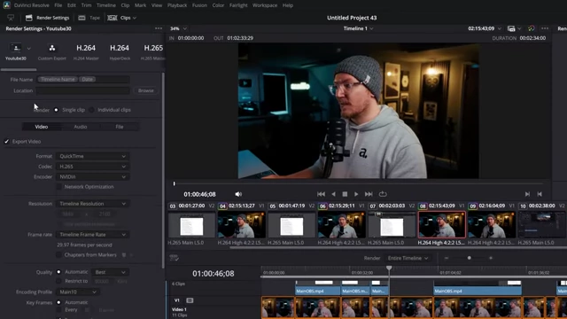 YouTube export settings configured with QuickTime format, H.265 codec, and Nvidia encoder
