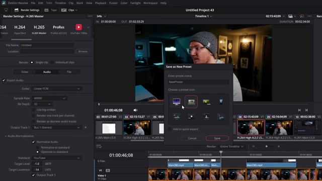 Dialog box for saving a custom render preset, allowing for name, icon, and quick export option