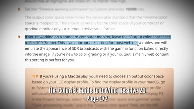 Recommendation to use Rec.709 (Scene) for web content output from "The Colorist Guide to DaVinci Resolve 20"